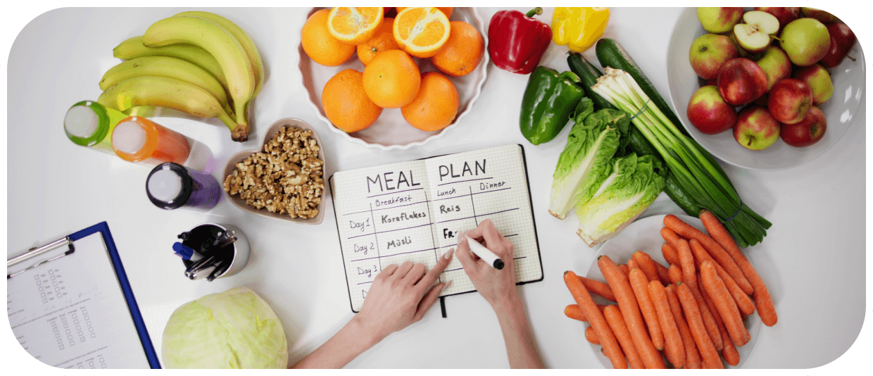 Healthy meal plan with fresh produce.